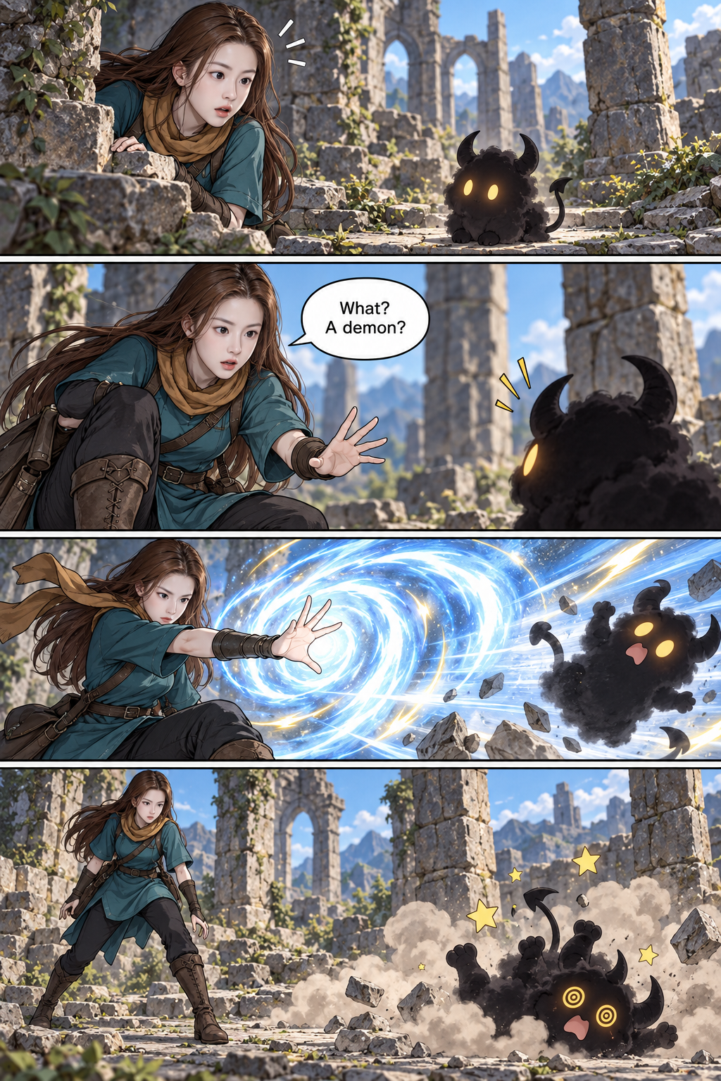 加尔多顿与恶魔的竖版四格奇幻漫画 — AI image creation