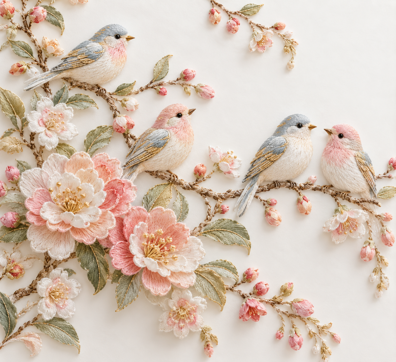 Pastel silk-thread bird-and-flower embroidery — AI image creation