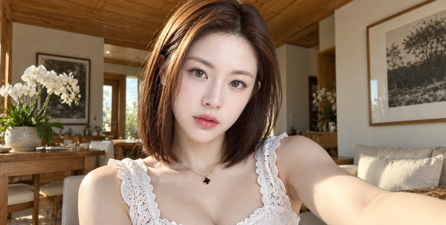 暖阳木质住宅中的蕾丝上衣女性自拍 — AI image creation