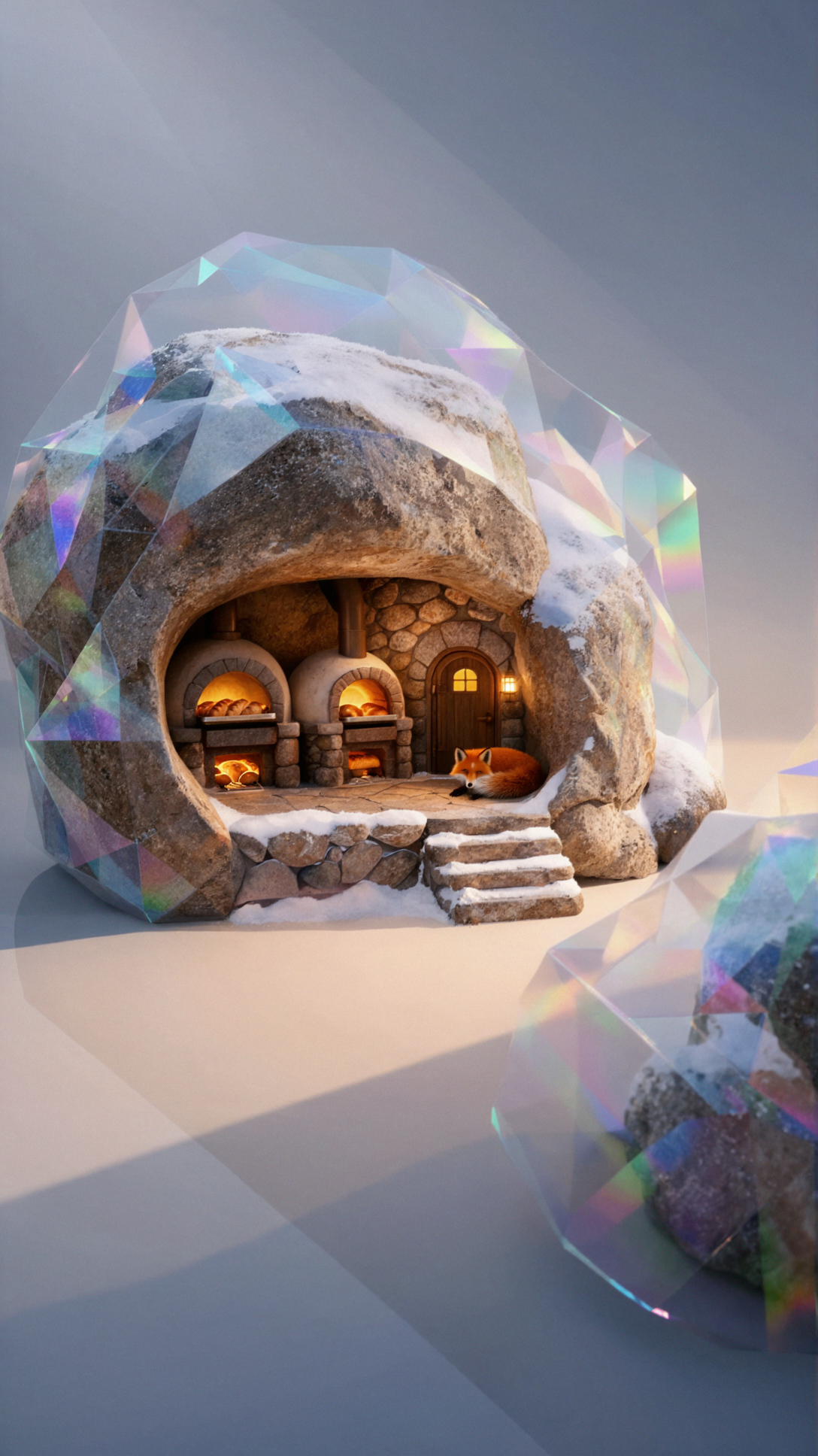 Snowy Night Bakery · Holographic Glass — AI image creation