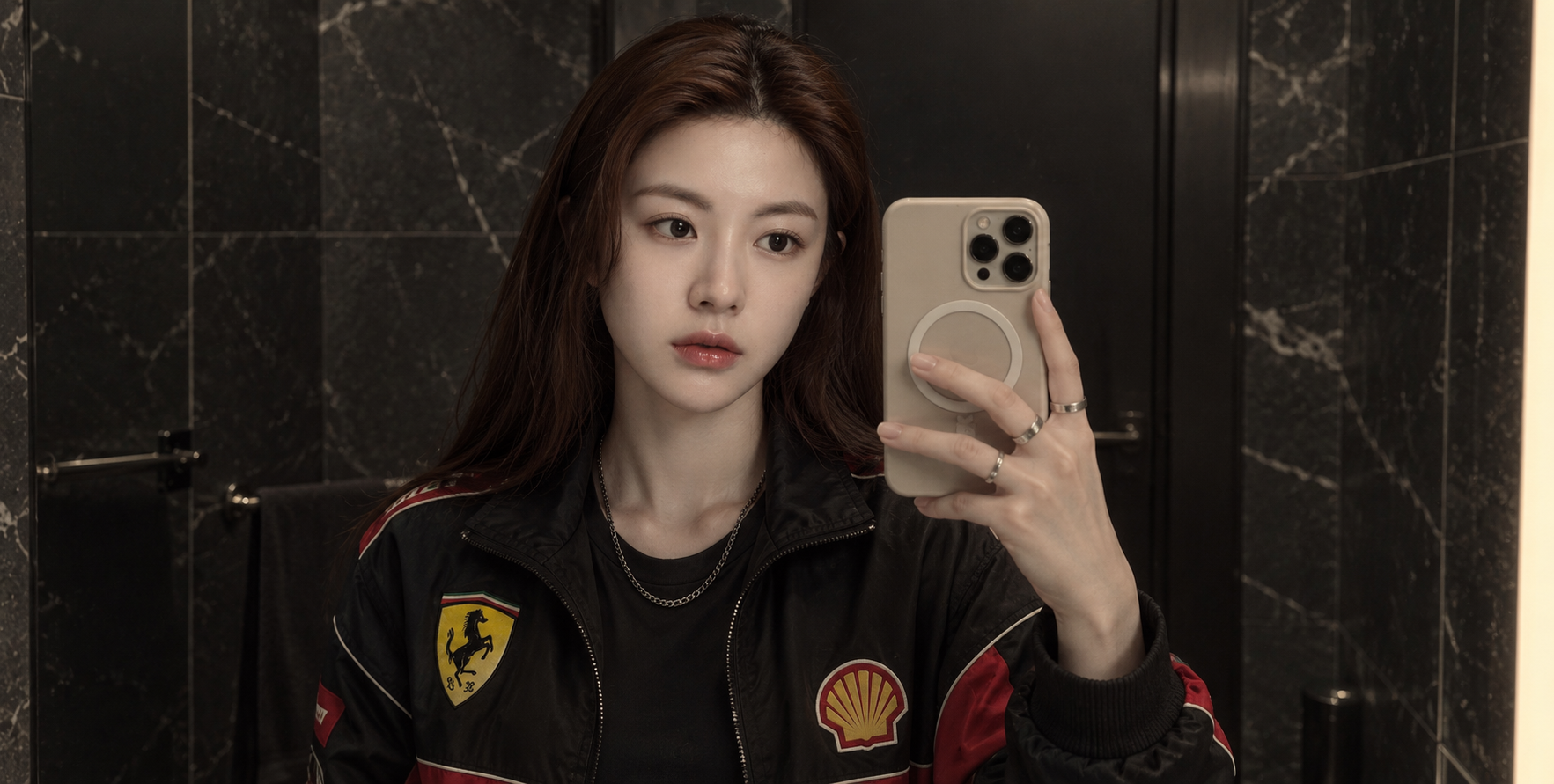 暗调浴室中的法拉利夹克镜面自拍 — AI image creation