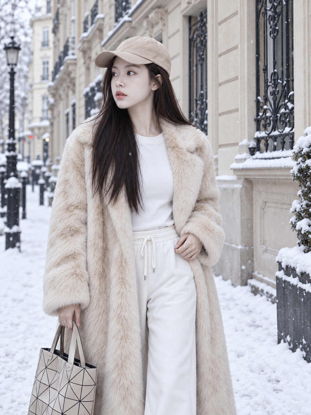 Cream Faux-Fur Winter Street Style — AI image creation