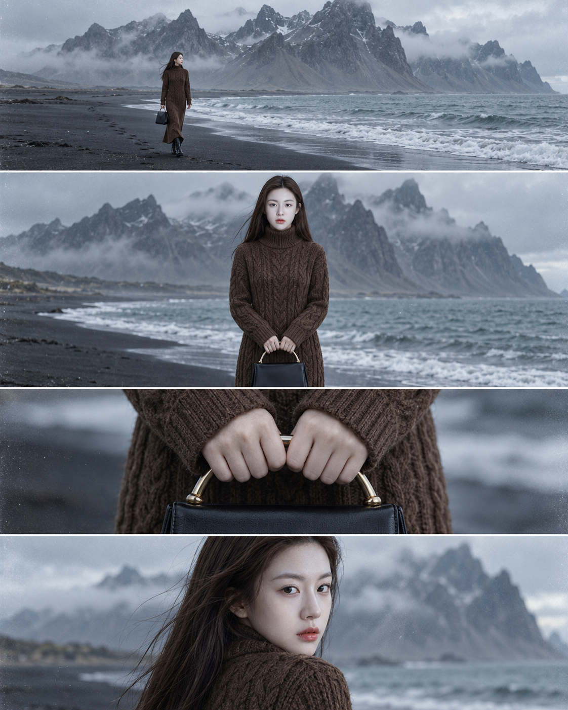 迷雾北欧海岸的冷调四格时尚叙事 — AI image creation