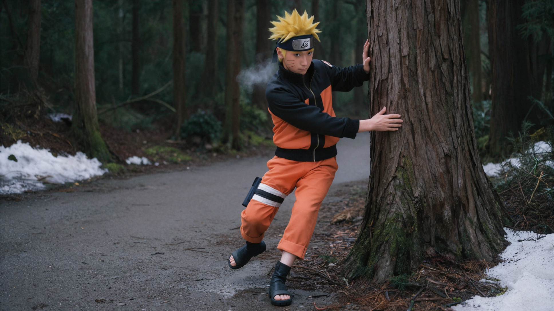 Naruto Uzumaki · Virage rapide en forêt · Portrait environnemental — AI image creation