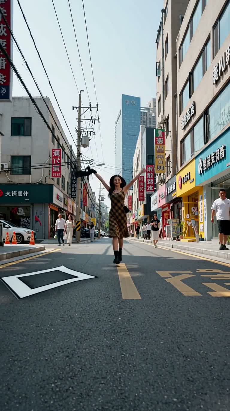 街头超广角俏皮跳跃 — AI video creation