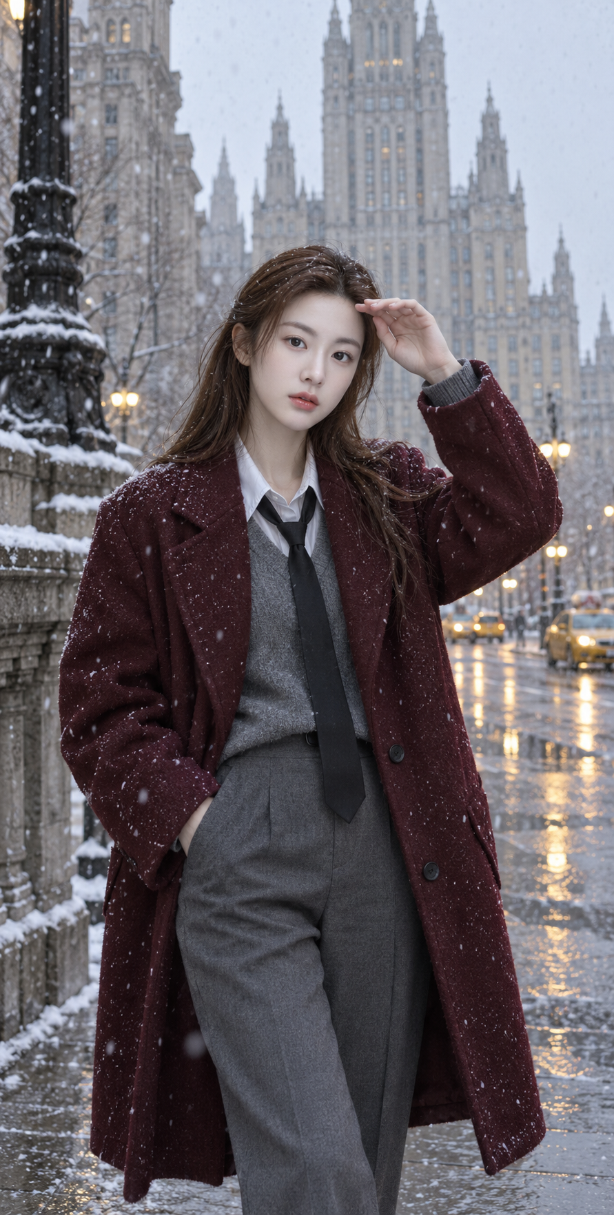 漫天飞雪湿润街头,身披酒红大衣的清冷少女 — AI image creation