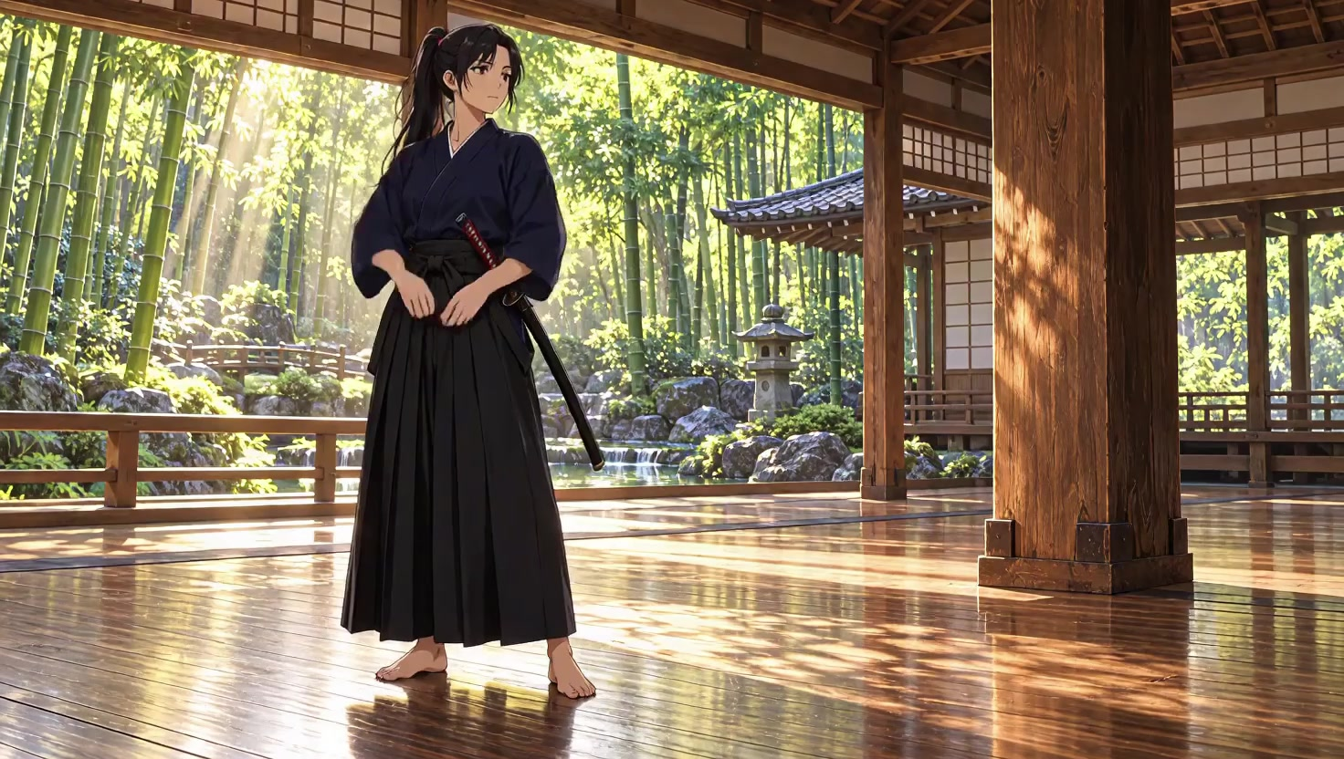 Samurai sword lowered, then re-sheathed by the red hilt — AI video creation