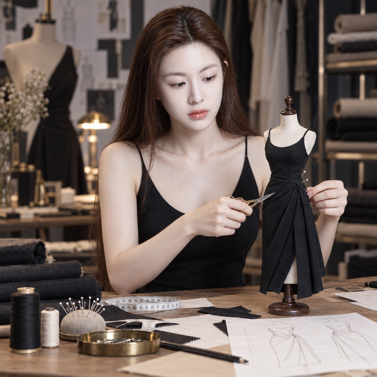 时装工作室里的裁缝师与微缩服装人台 — AI image creation