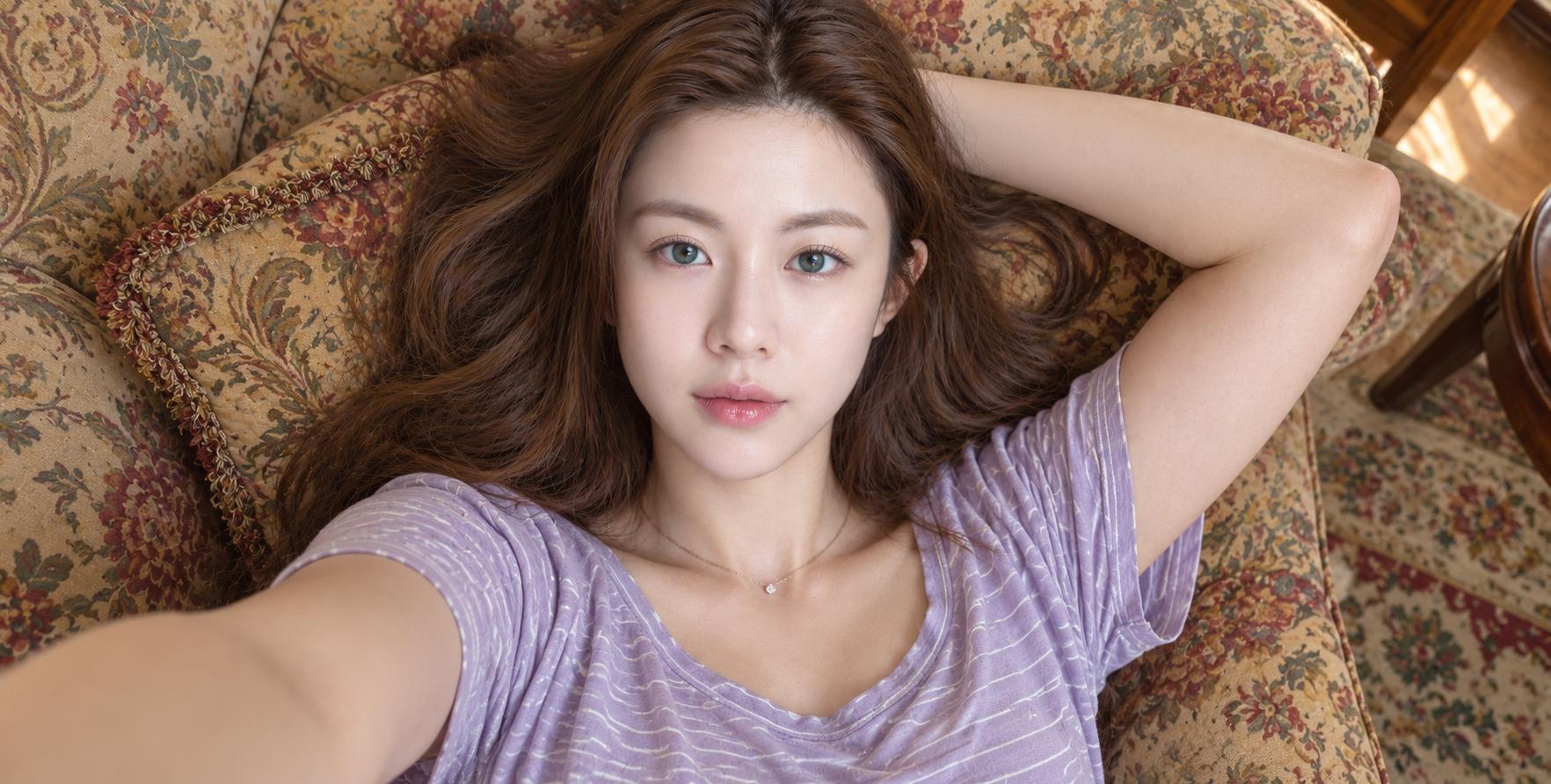 华丽沙发上的成年女性青绿色眼眸自拍 — AI image creation