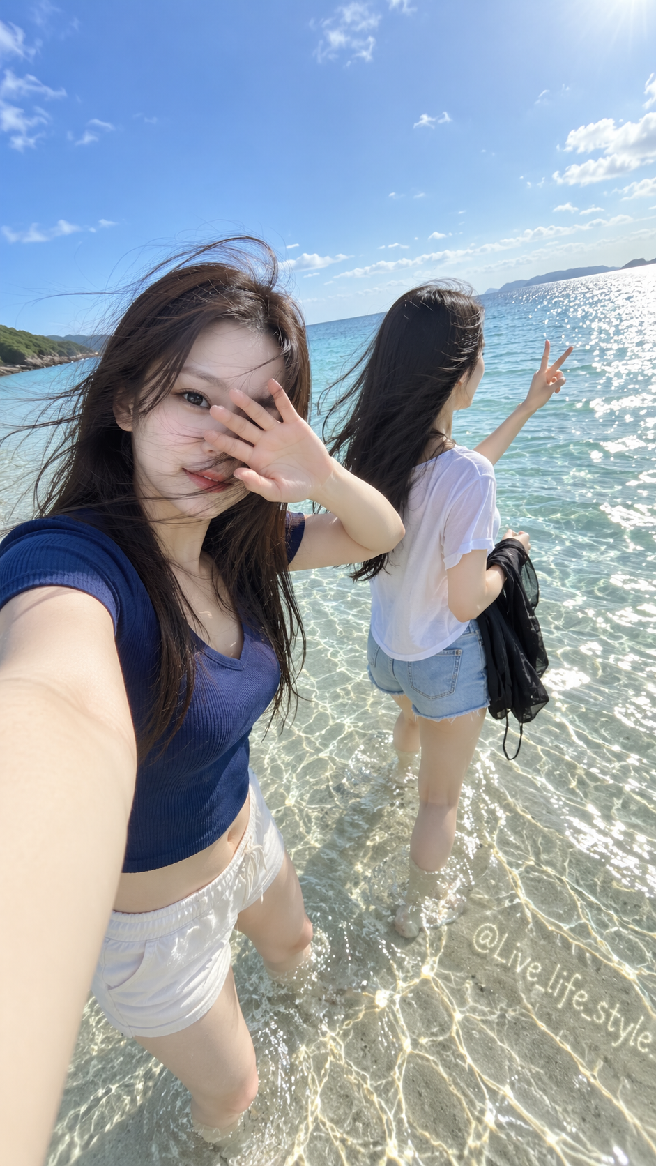 한여름 해변 얕은 물가에서 두 사람의 스마트폰 초광각 셀피