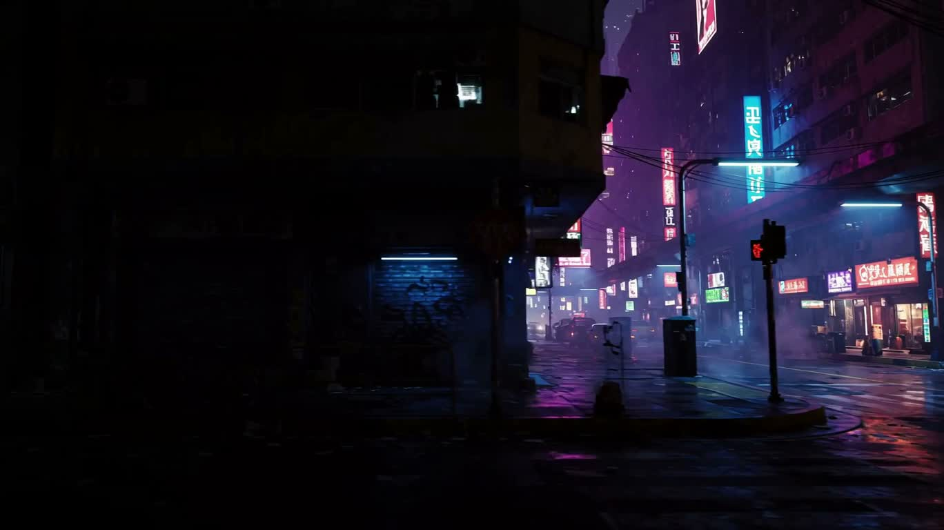 Neon Rainy Night Street Corner — AI video creation