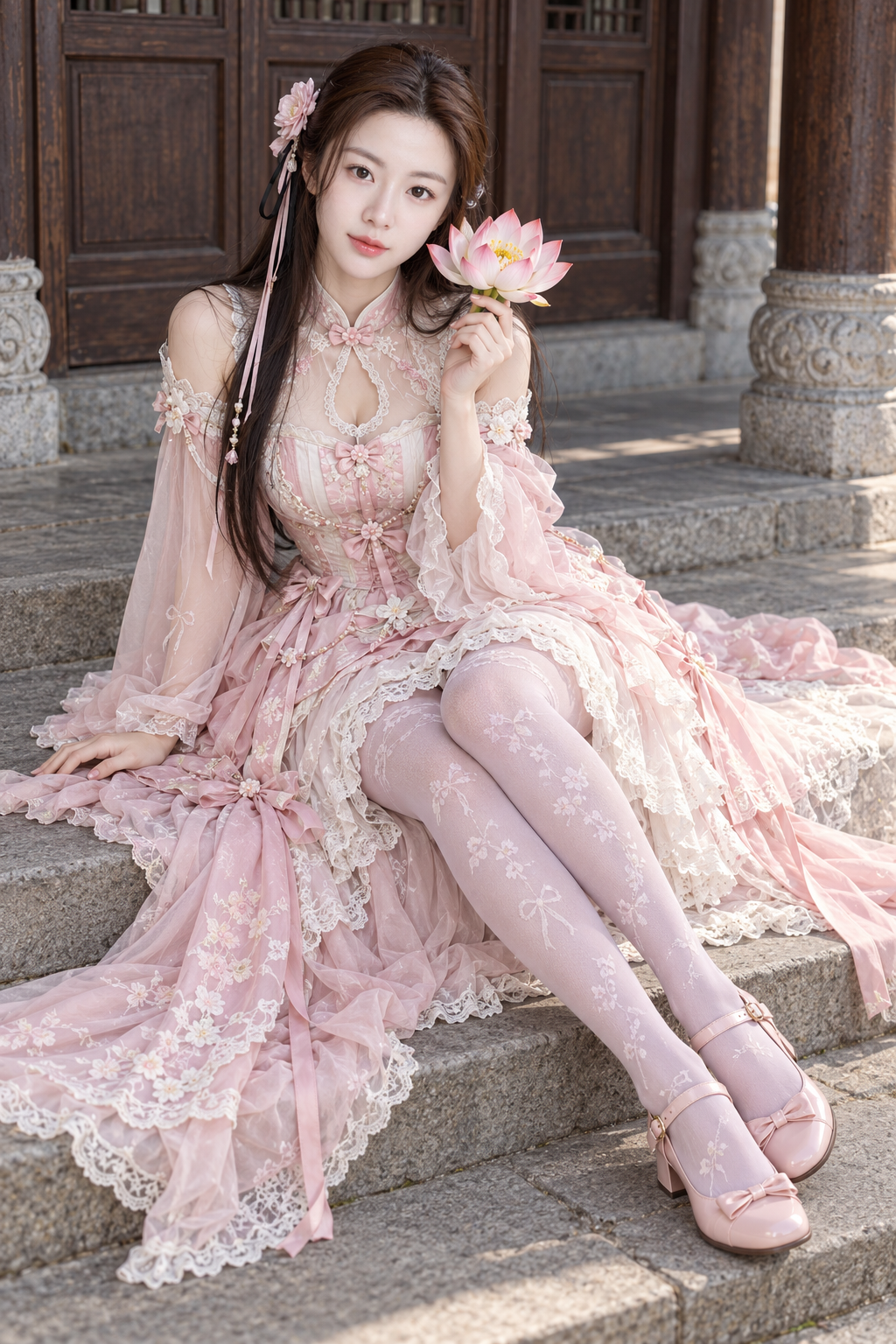 古建筑石阶上的粉白 Lolita Cosplay 人像