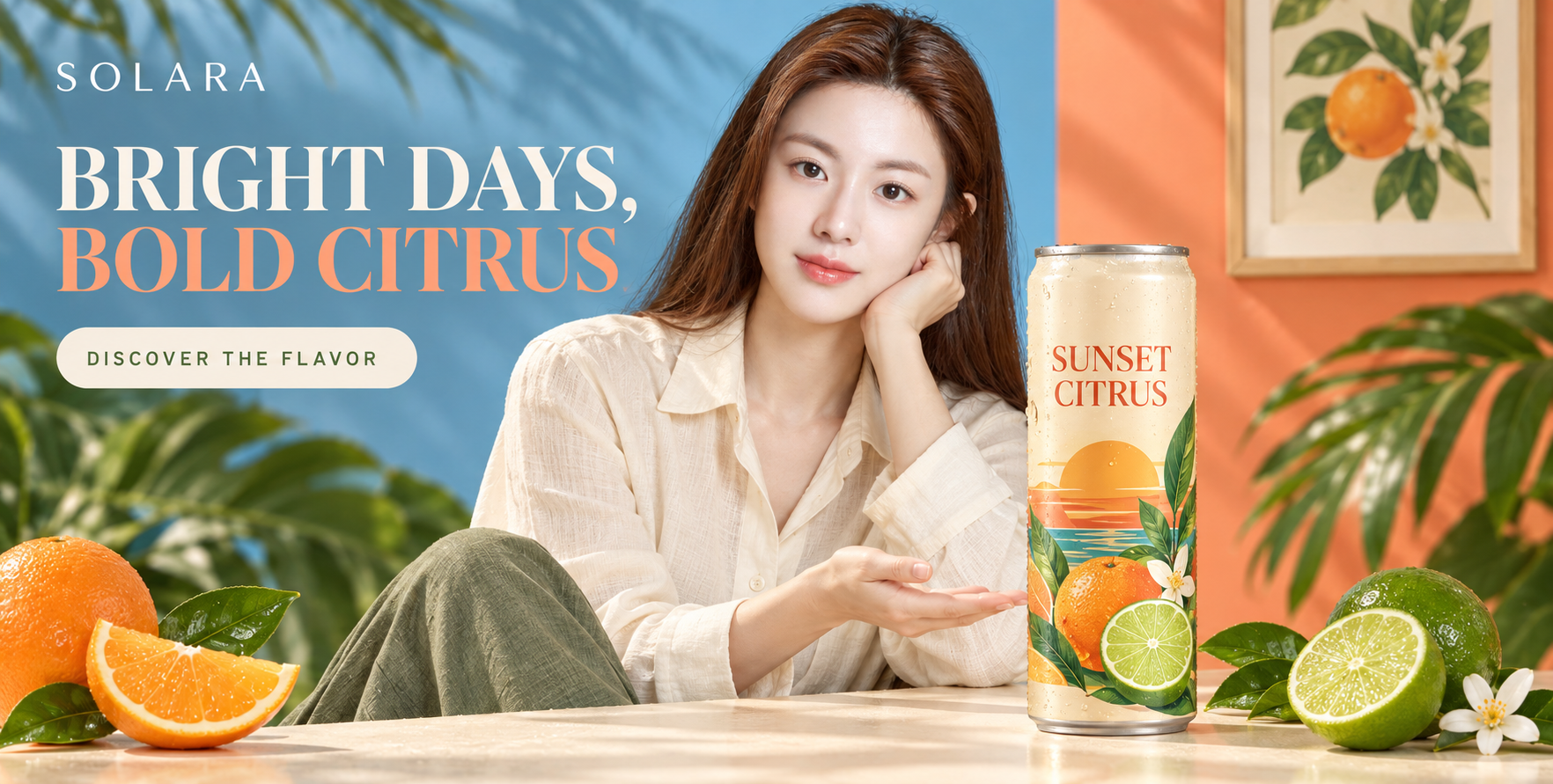 Quảng cáo thương mại nhiệt đới nước có ga cam chanh hư cấu