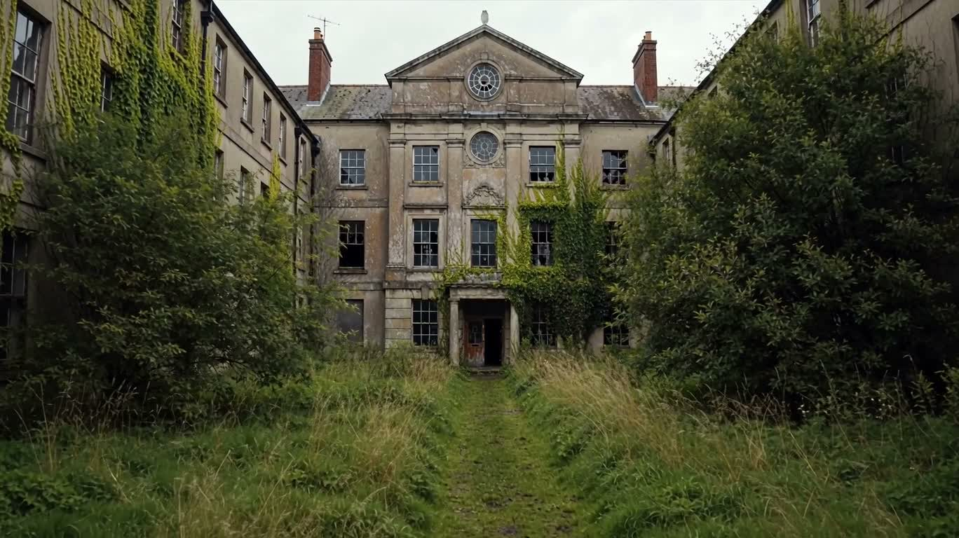 Documentary Front View of an Abandoned Mental Hospital — AI video creation