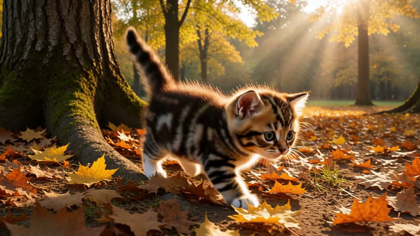 秋日阳光下的小猫捕叶 — AI video creation