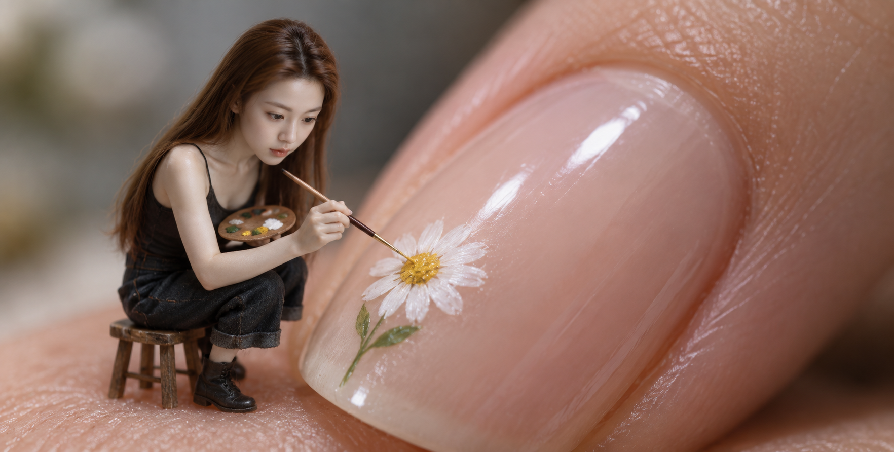 거대한 손톱 위에 작은 풍경을 그리는 미니어처 화가