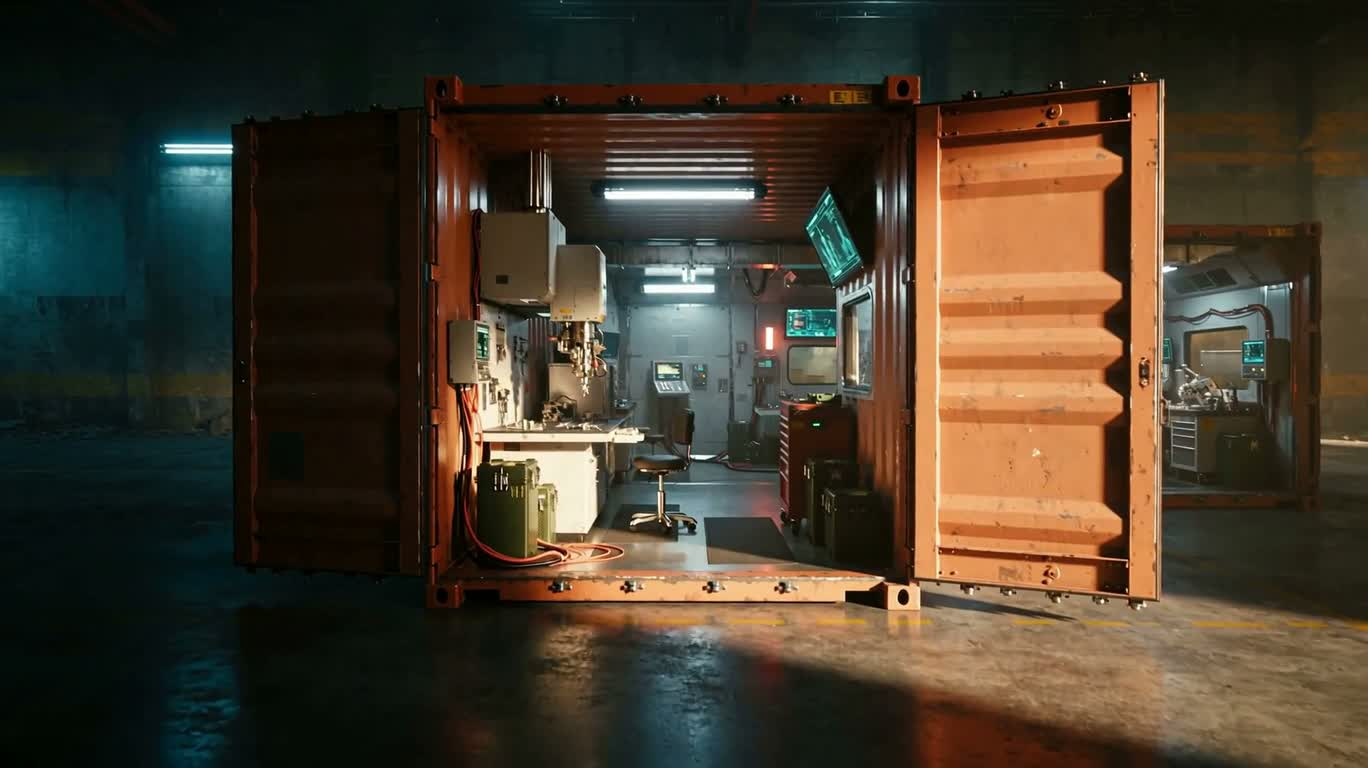 Atelier mécanique néon sci-fi dans un conteneur