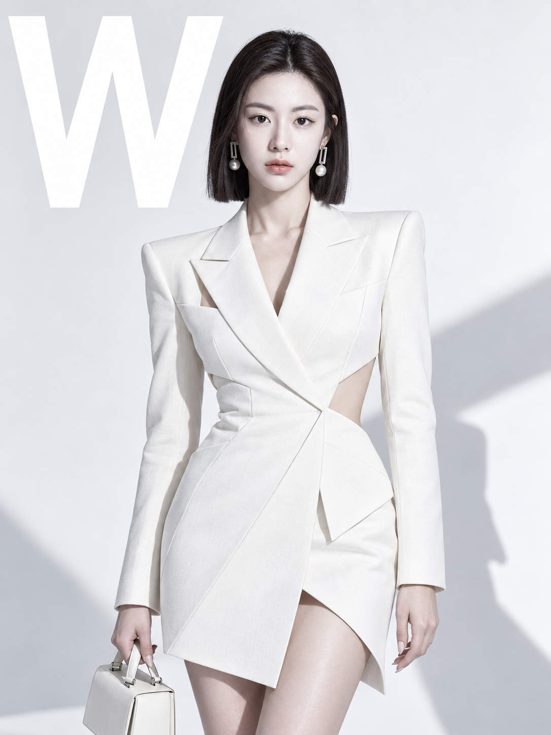 纯白几何西装裙与 W 刊头的极简编辑封面 — AI image creation