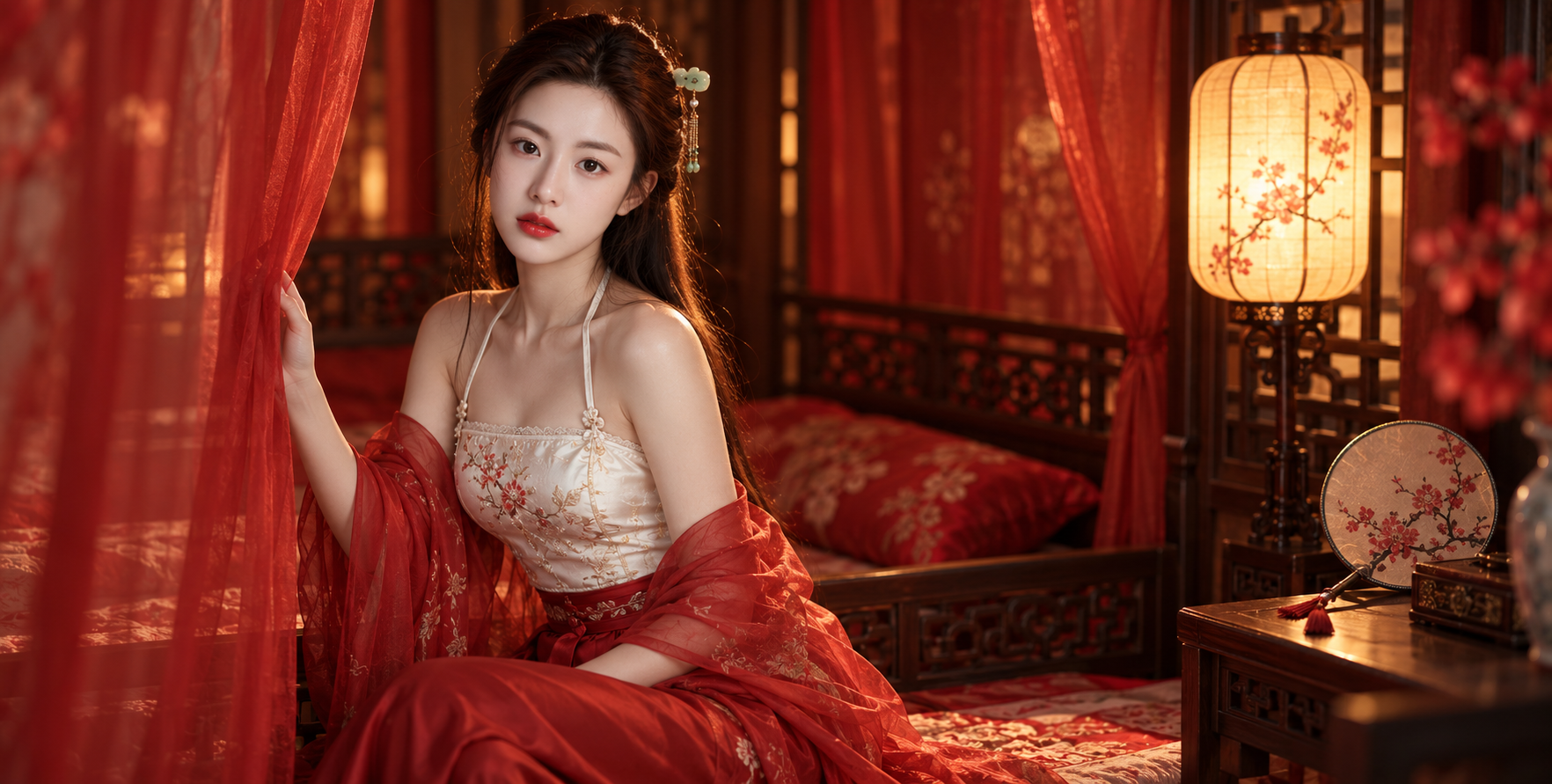 Cinematic Portrait of an Adult Woman in a Warmly Lit Chinese Boudoir with Red Gauze