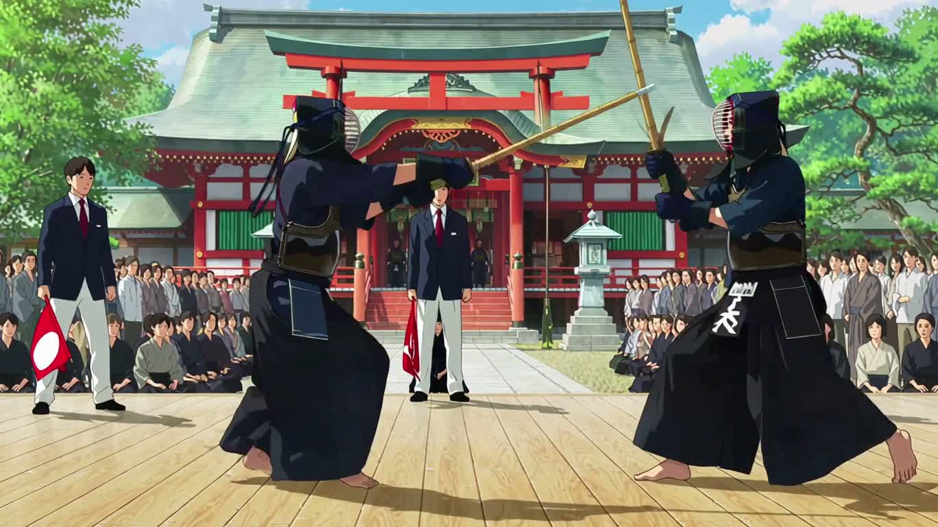 神社庭院里的剑道对决 — AI video creation