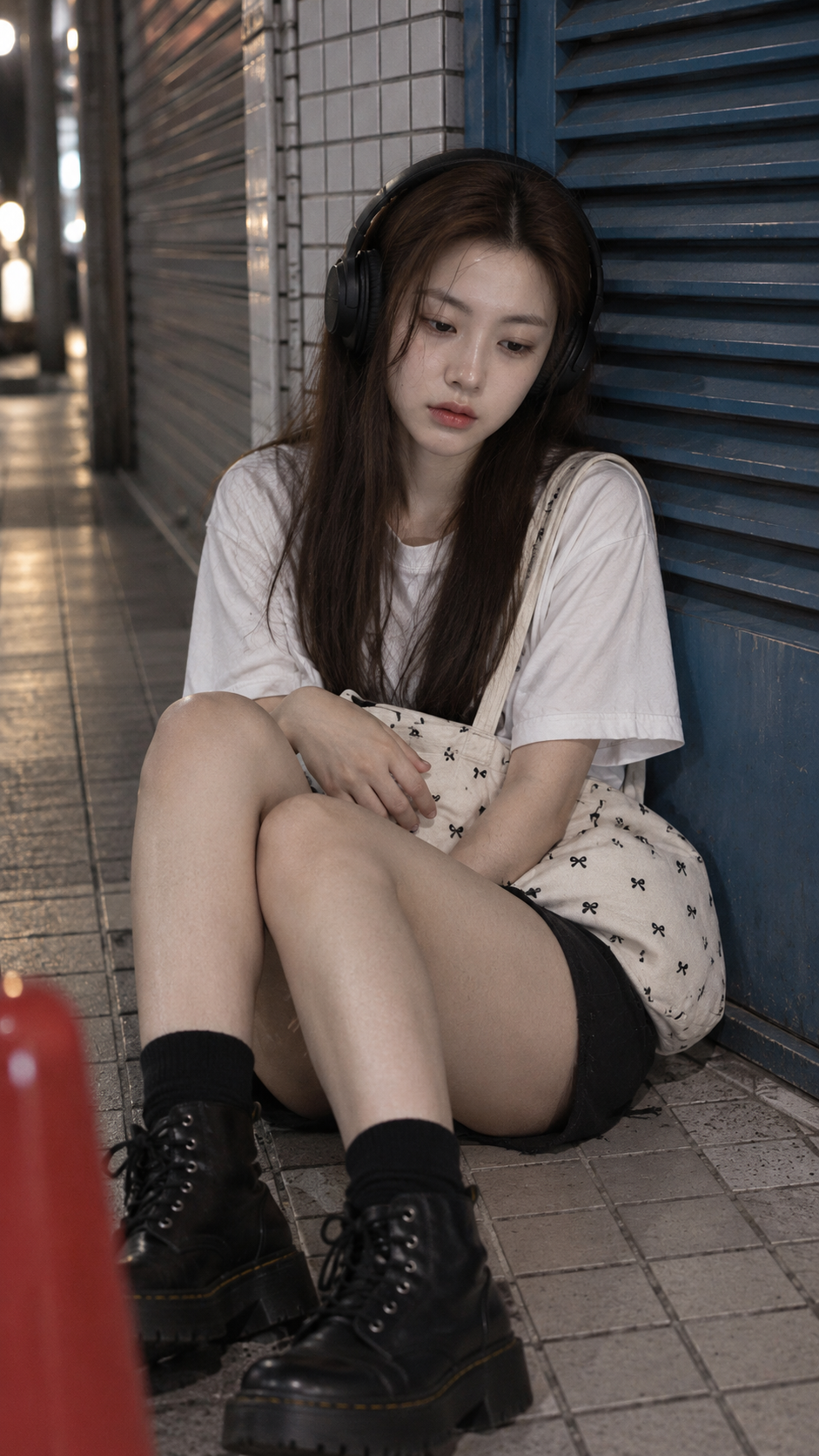 蓝门旁的深夜疲惫街头人像