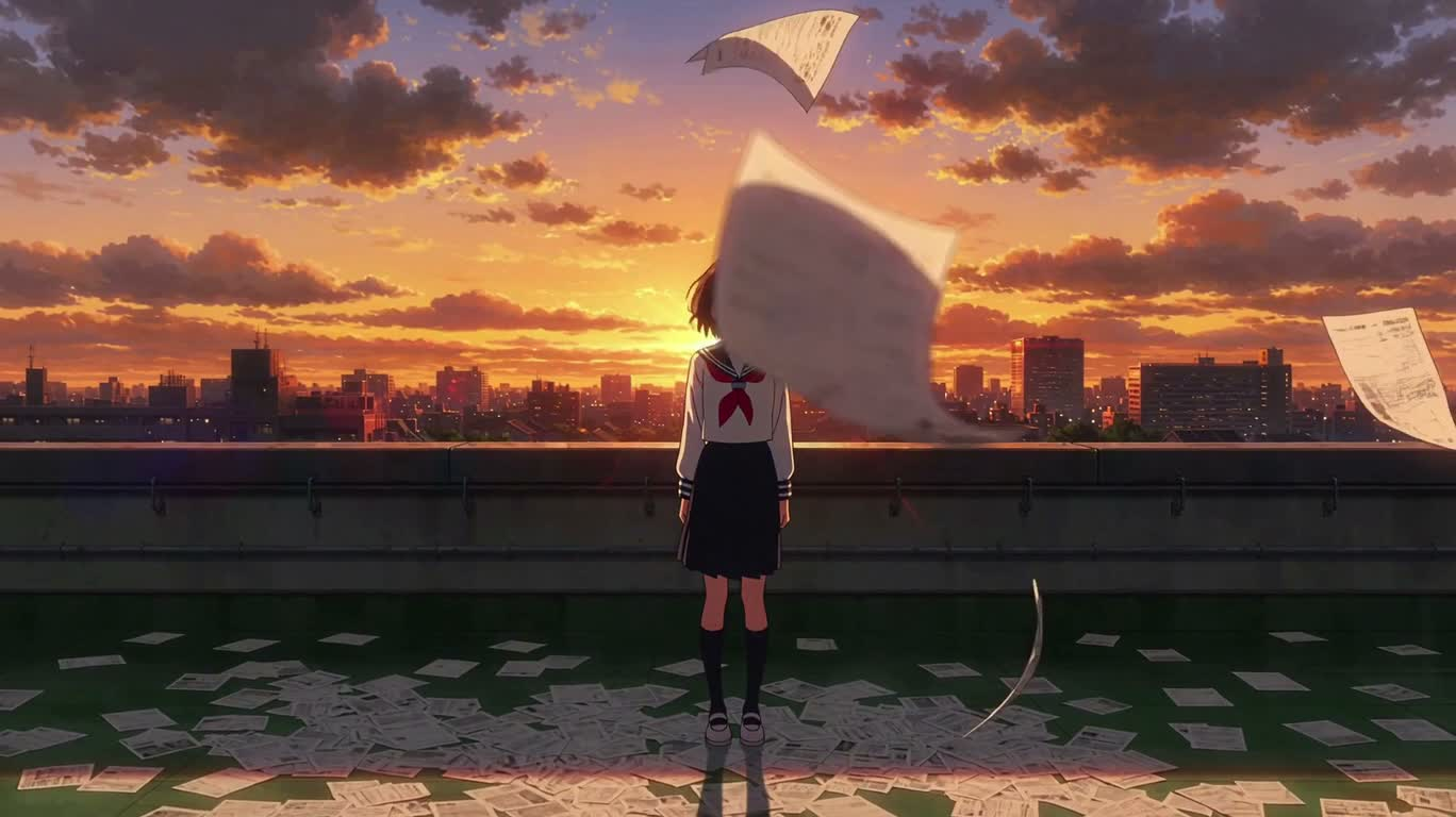 Paper Pages and Wind on a Dusk Rooftop — AI video creation