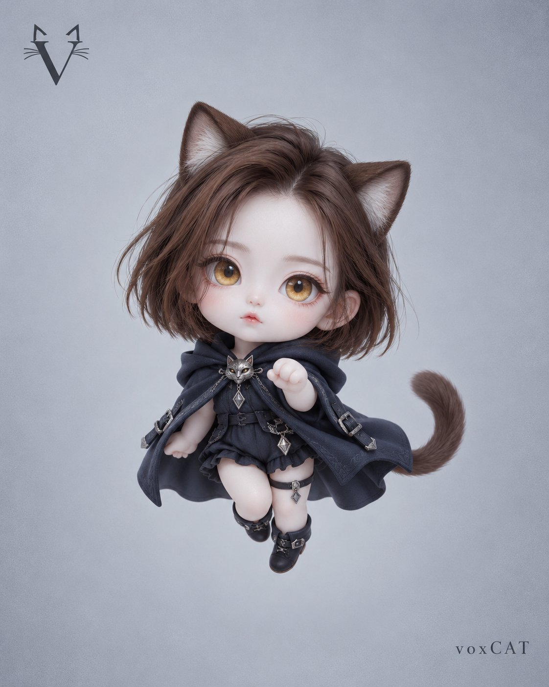 1등신 치비 캐릭터의 쿨그레이 부유 브랜드 사진 — AI image creation