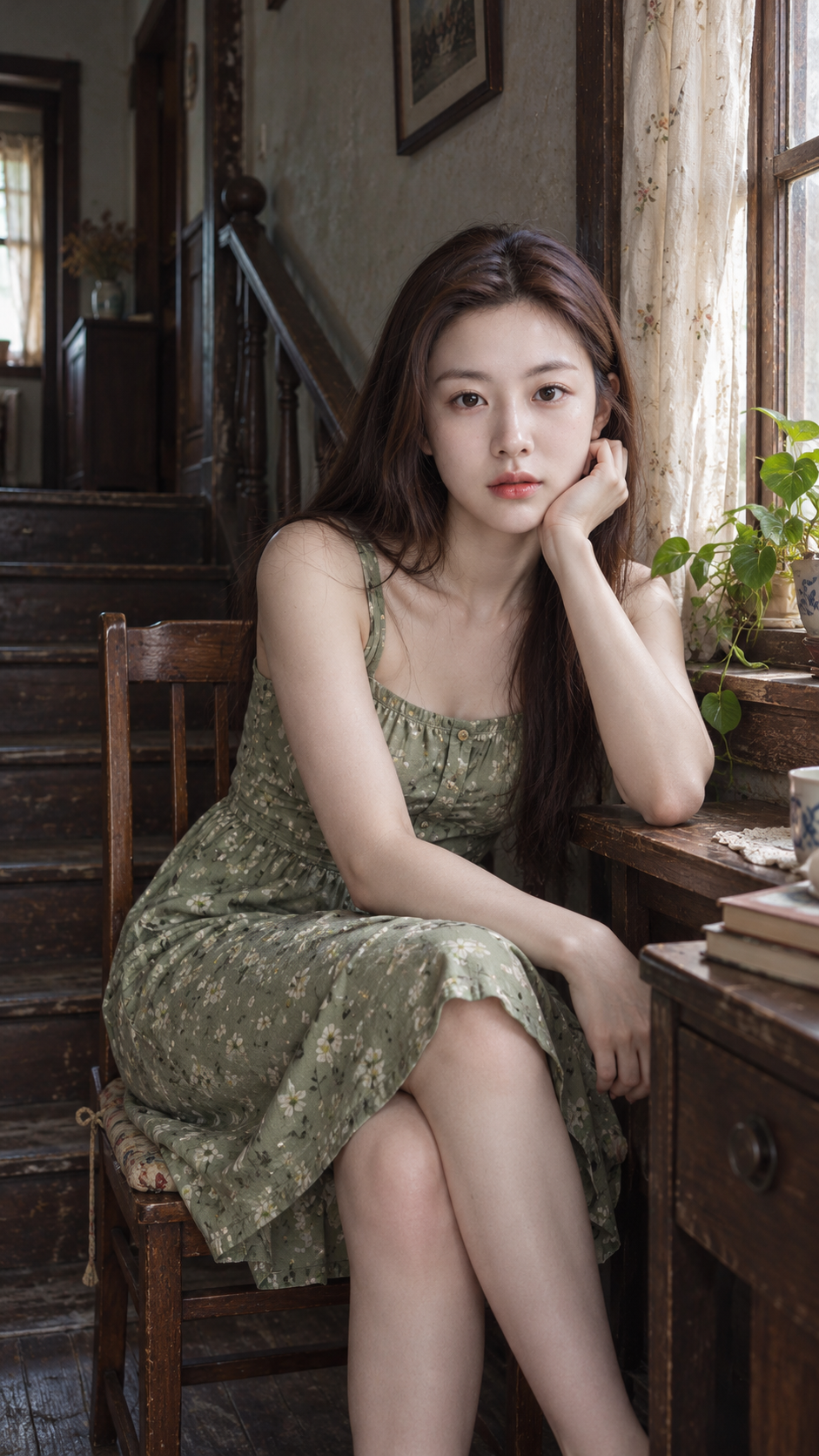 오래된 집 창가 빛 아래 성인 동아시아 여성의 사실적 인물 사진 템플릿 — AI image creation