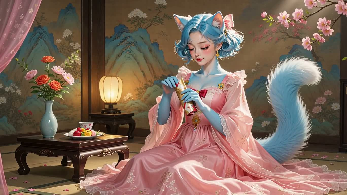 蓝绒猫人少女吃冰棒 — AI video creation