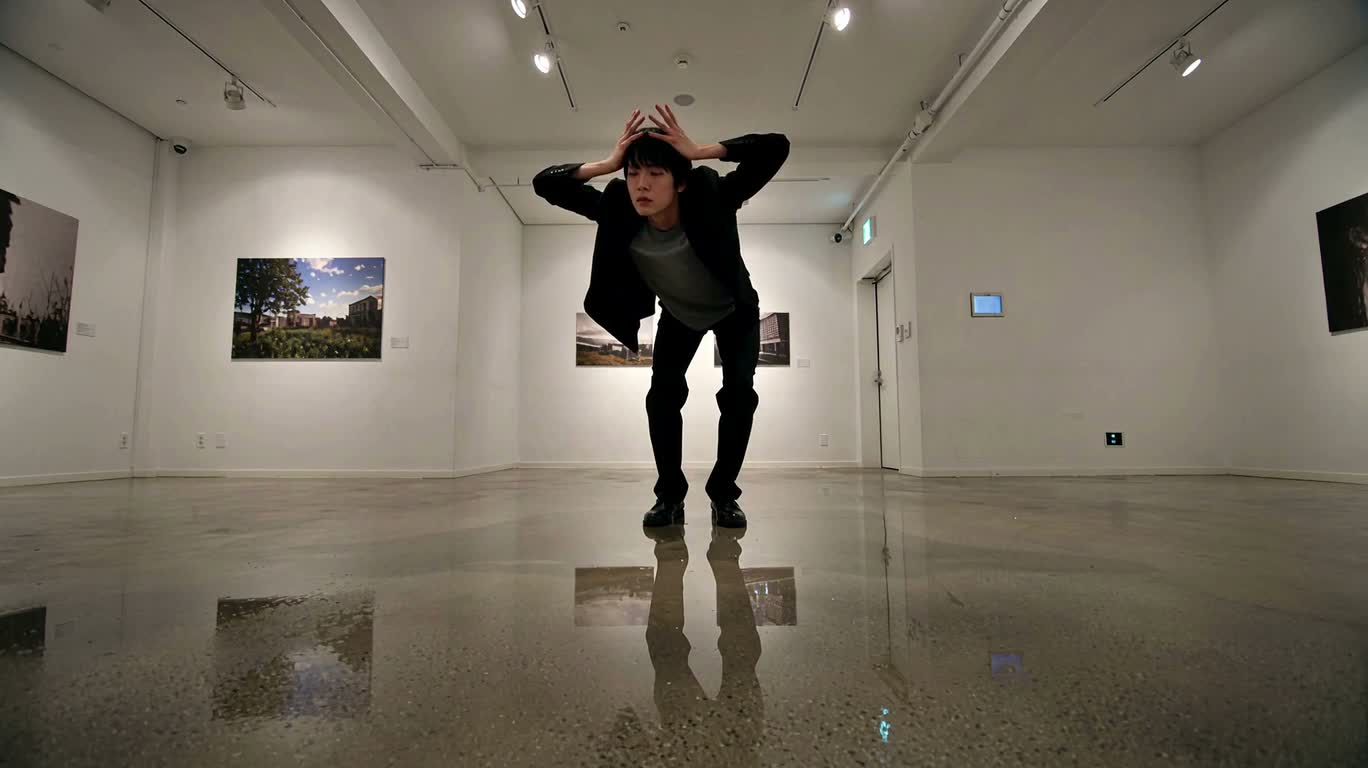 白色展厅中的超现实扭曲表演 — AI video creation