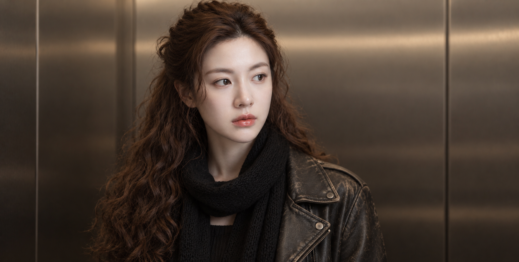 电影光影下的卷发皮衣少女质感肖像 — AI image creation