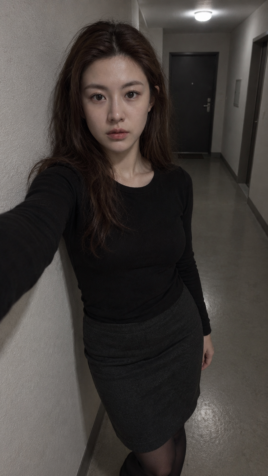 深夜空荡走廊里的成年女性慵懒自拍 — AI image creation