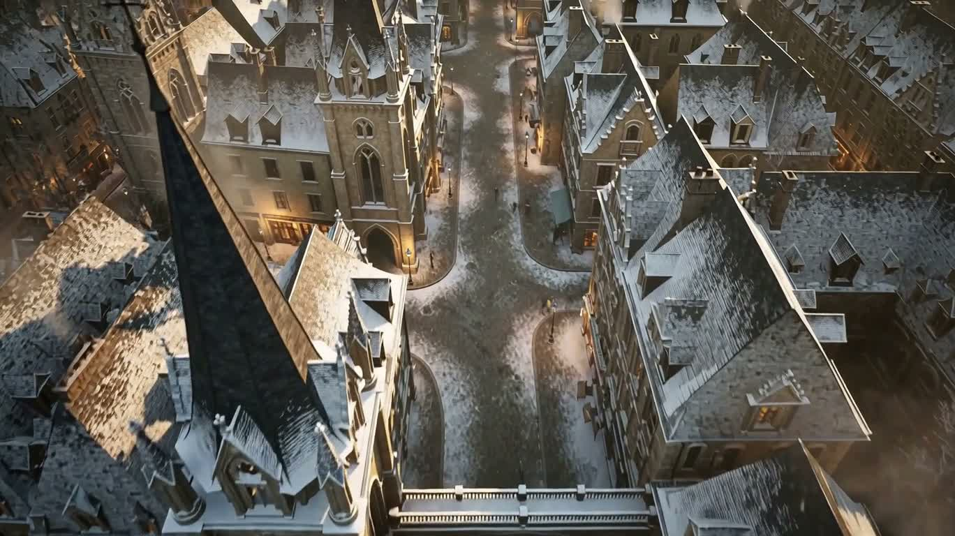 Thành phố Gothic vuông phủ tuyết — AI video creation