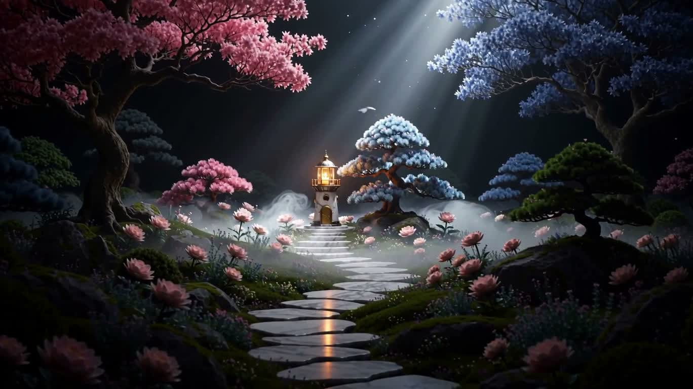 Steam Lighthouse Garden in Moonlit Mist