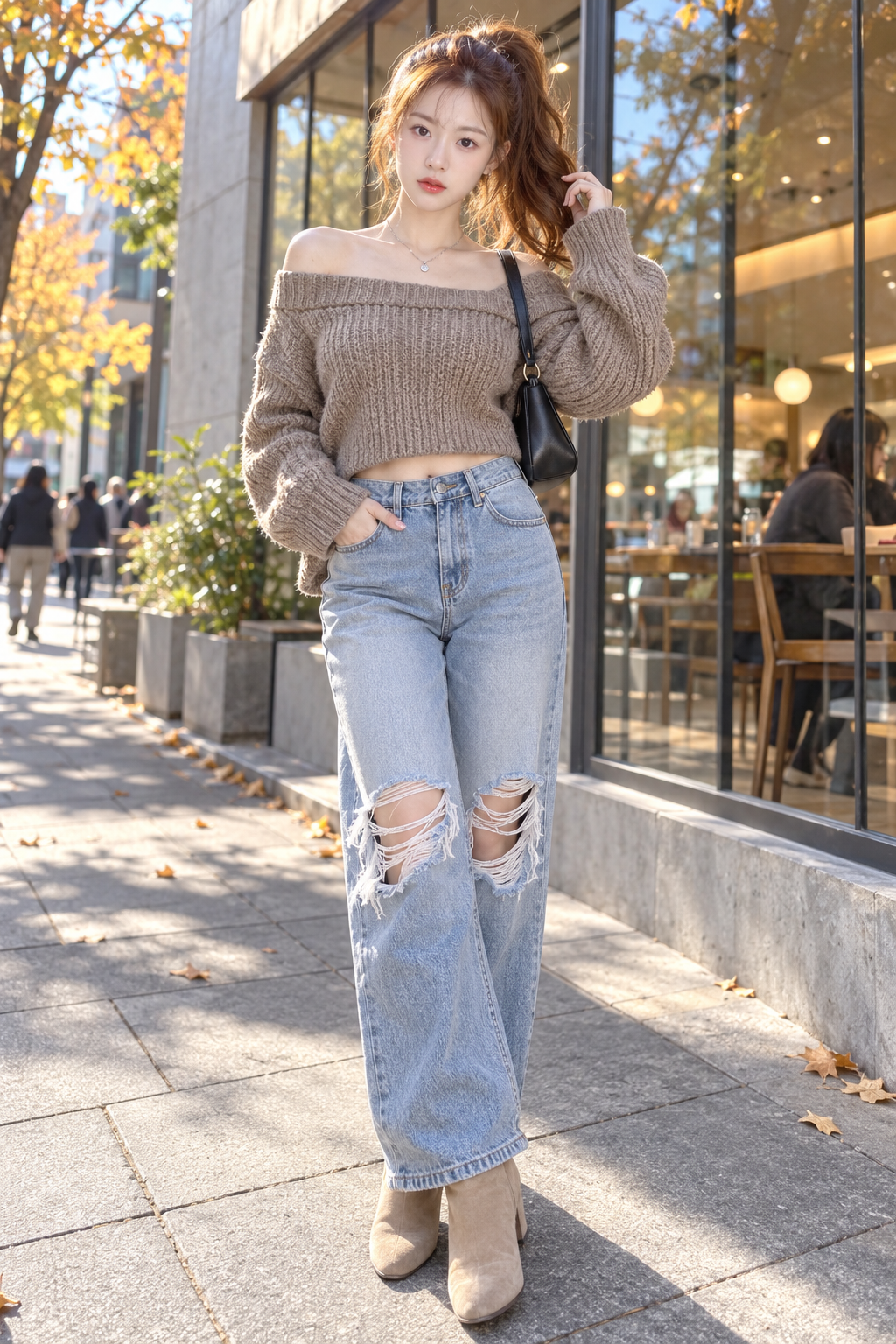 初秋咖啡馆外的露肩针织街拍