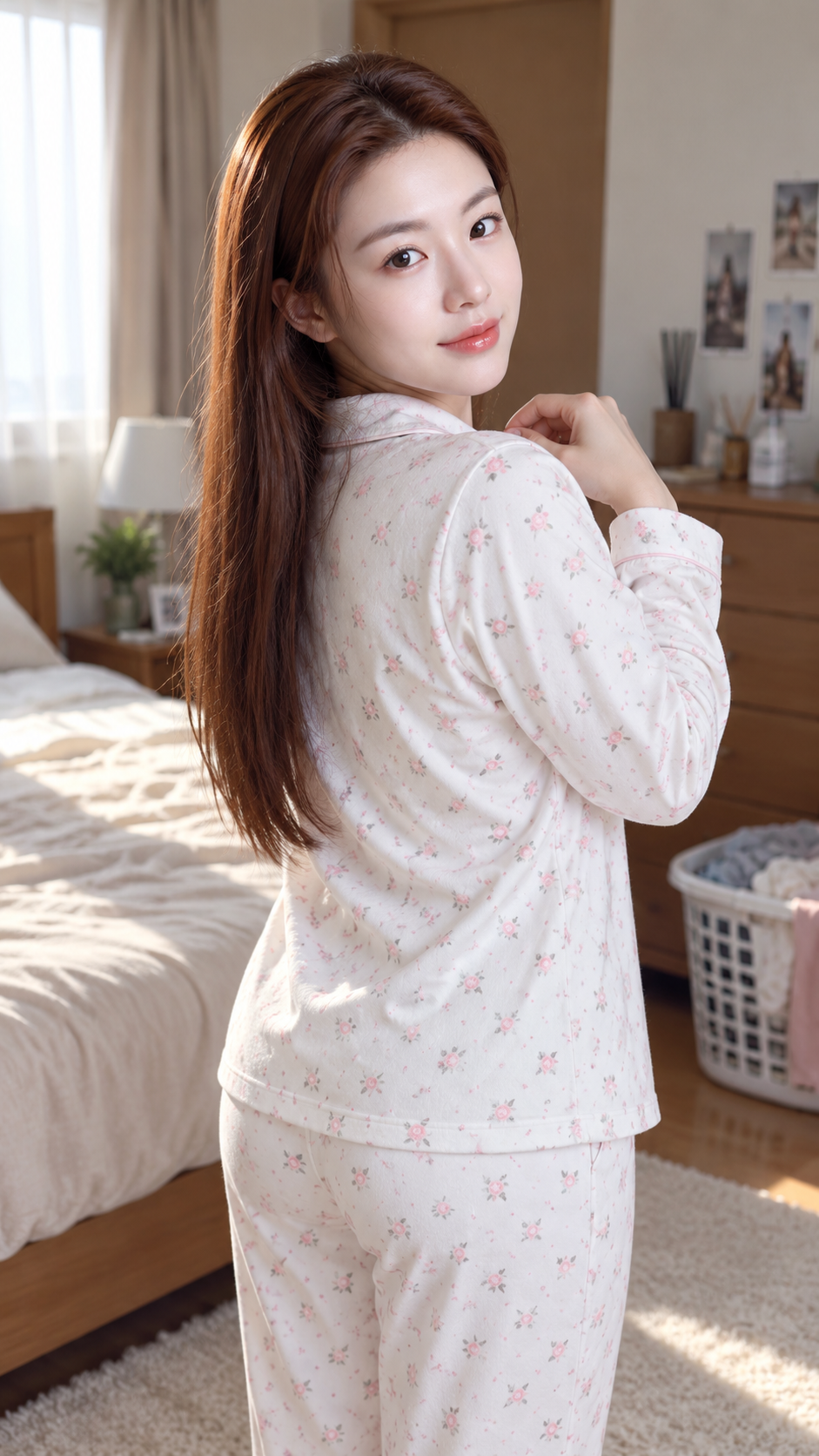 晨光卧室中的成年女性回眸人像