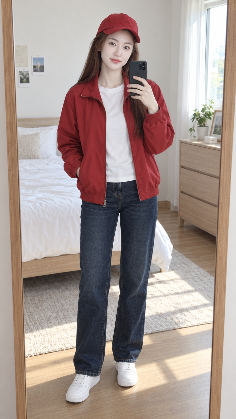 红白休闲穿搭的成年女性自然镜前自拍 — AI image creation