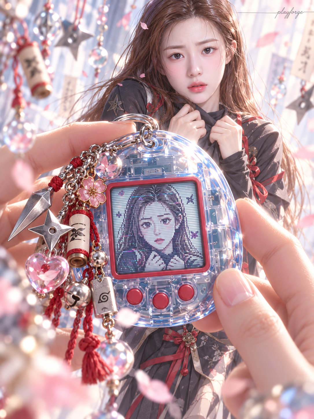 成人女性忍者と透明アイスブルーの電子ペット 一人称視点イラスト — AI image creation