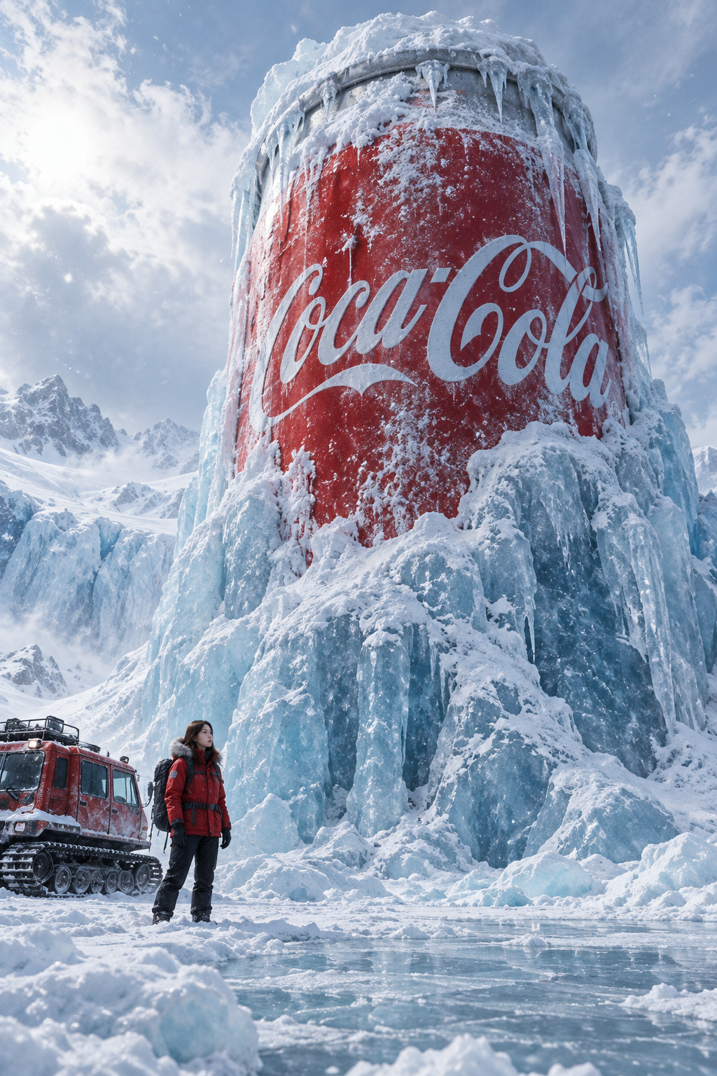Kỳ quan vùng cực: lon Coca-Cola khổng lồ bị băng tuyết phủ kín