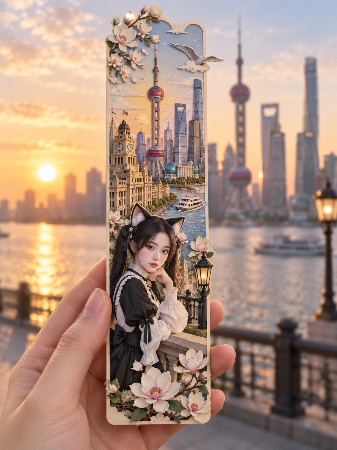 상하이 일출 고양이 귀 패션 캐릭터 종이 공예 책갈피 — AI image creation