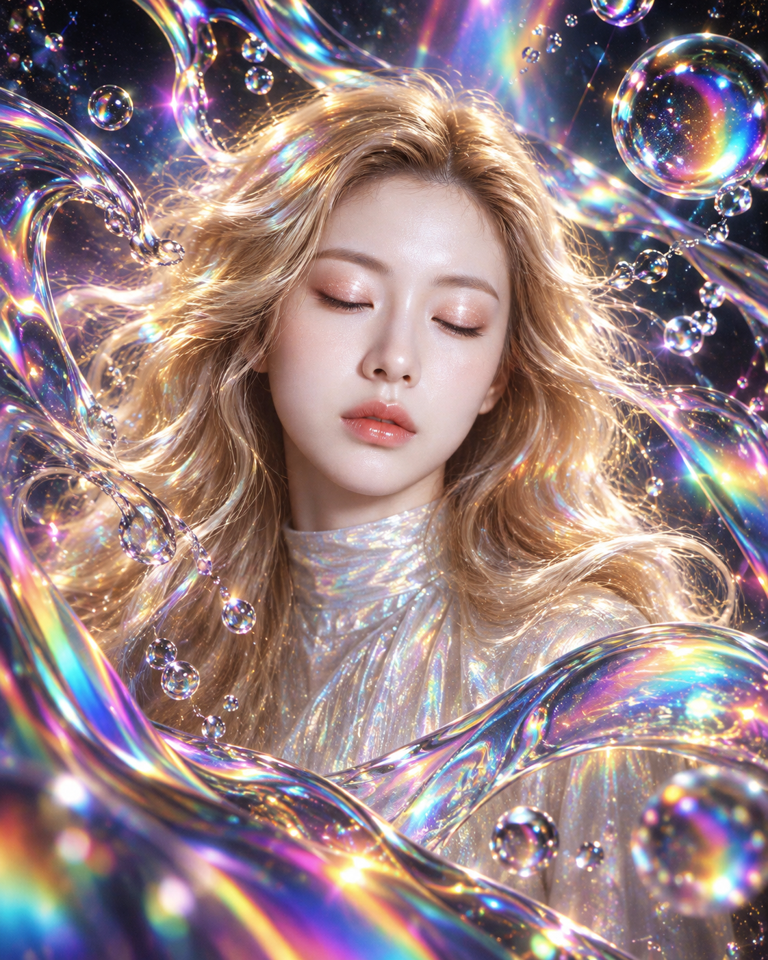 沉浸于液态彩虹棱镜风暴的超现实肖像 — AI image creation
