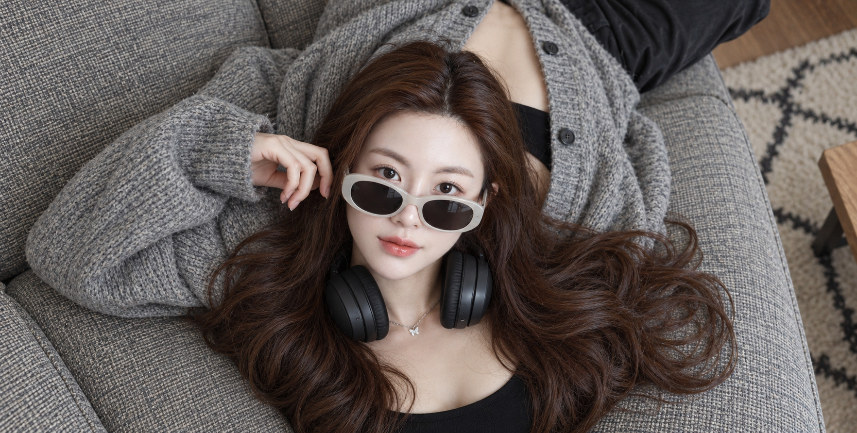 倒卧灰色沙发的成年女性俯拍肖像