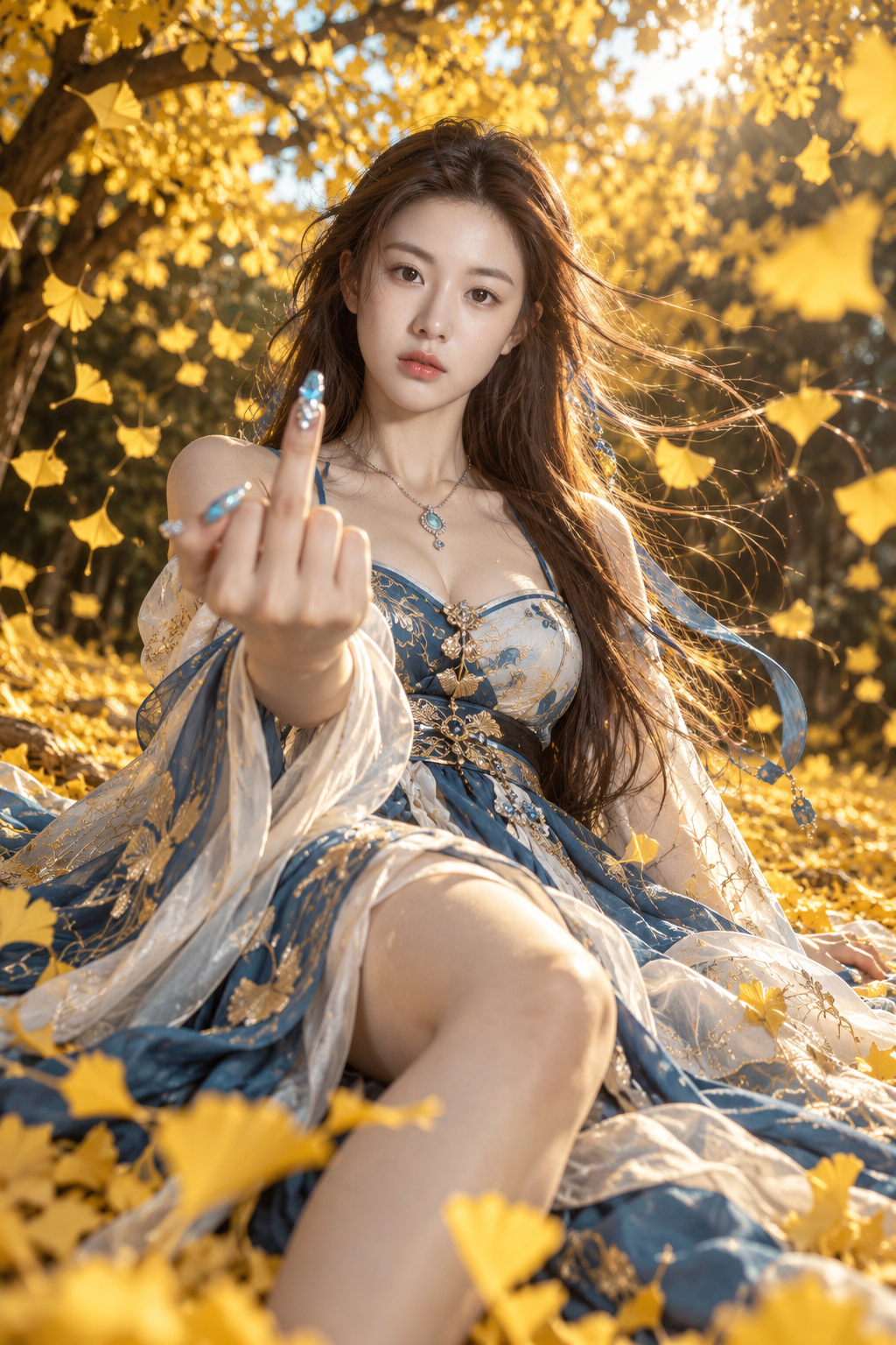 银杏金雨中的蓝白现代汉服人像