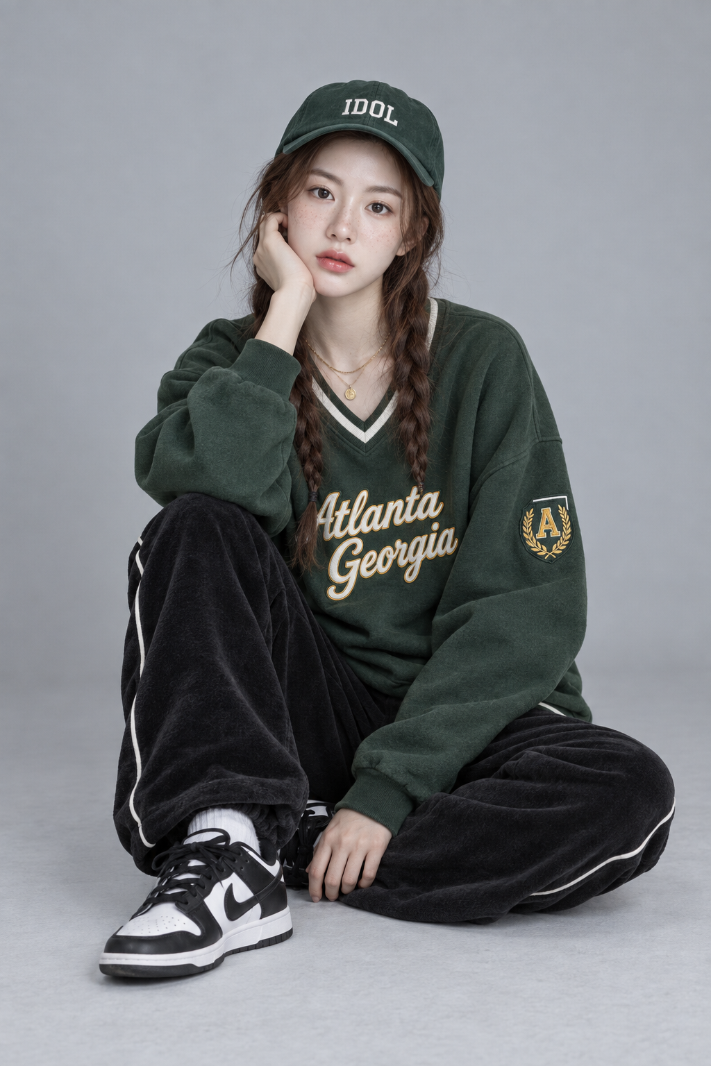 身穿深绿卫衣的慵懒随性街头风少女写真 — AI image creation