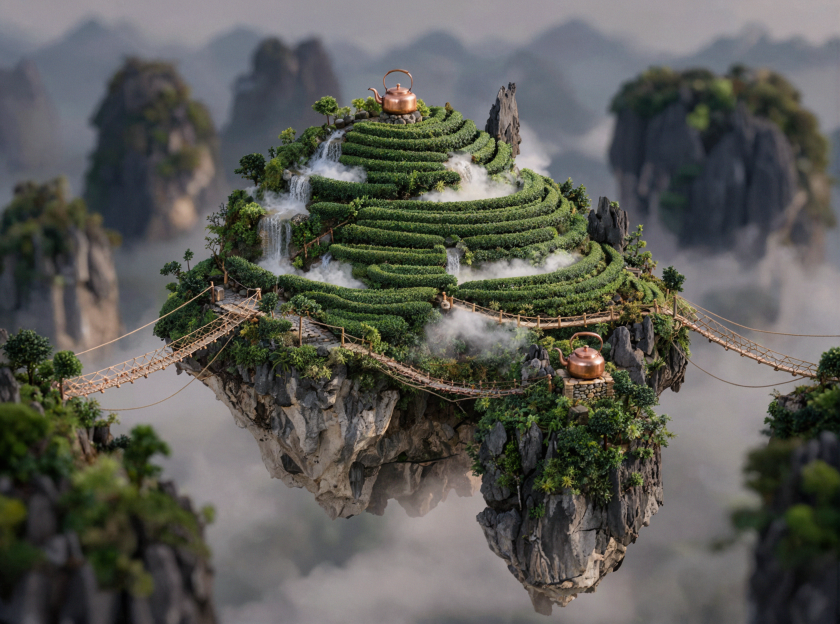 Чайная плантация над облаками · миниатюра тилт-шифт — AI image creation