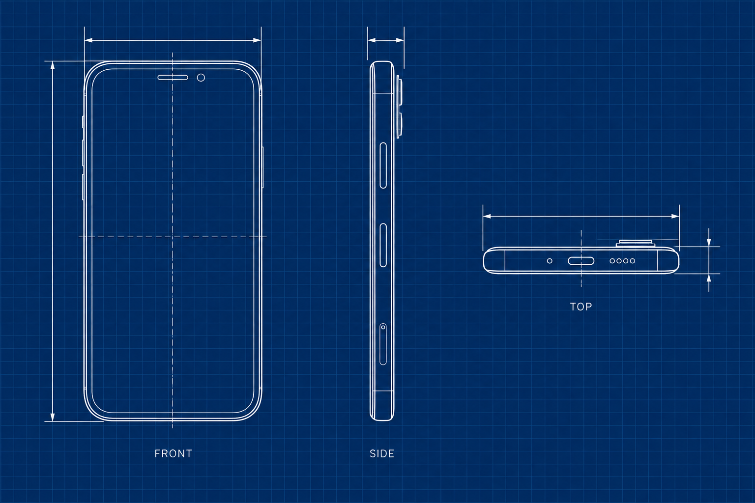 深蓝网格背景下的iPhone三视图工程蓝图 — AI image creation