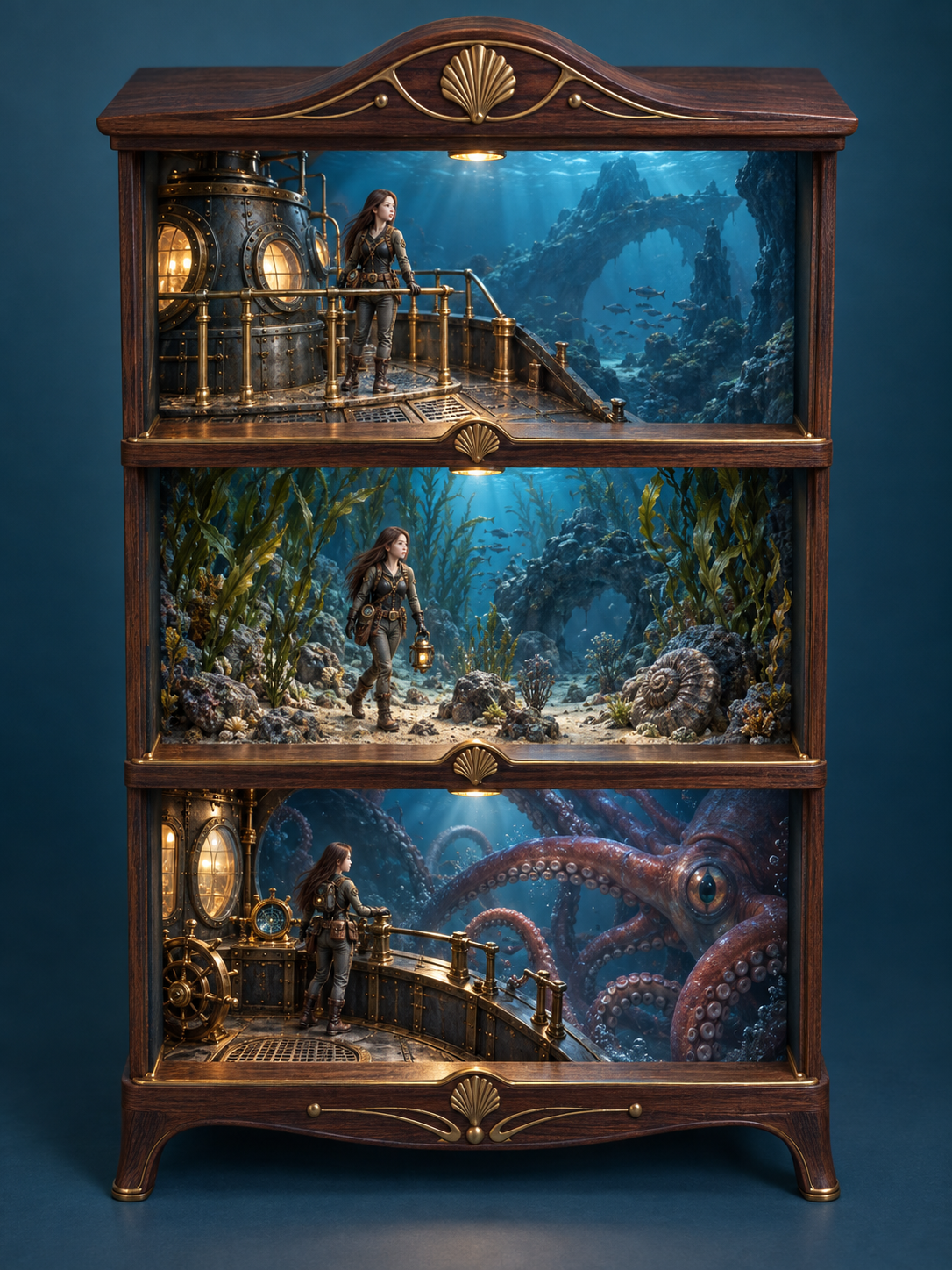 《海底两万里》三层微缩景箱 — AI image creation