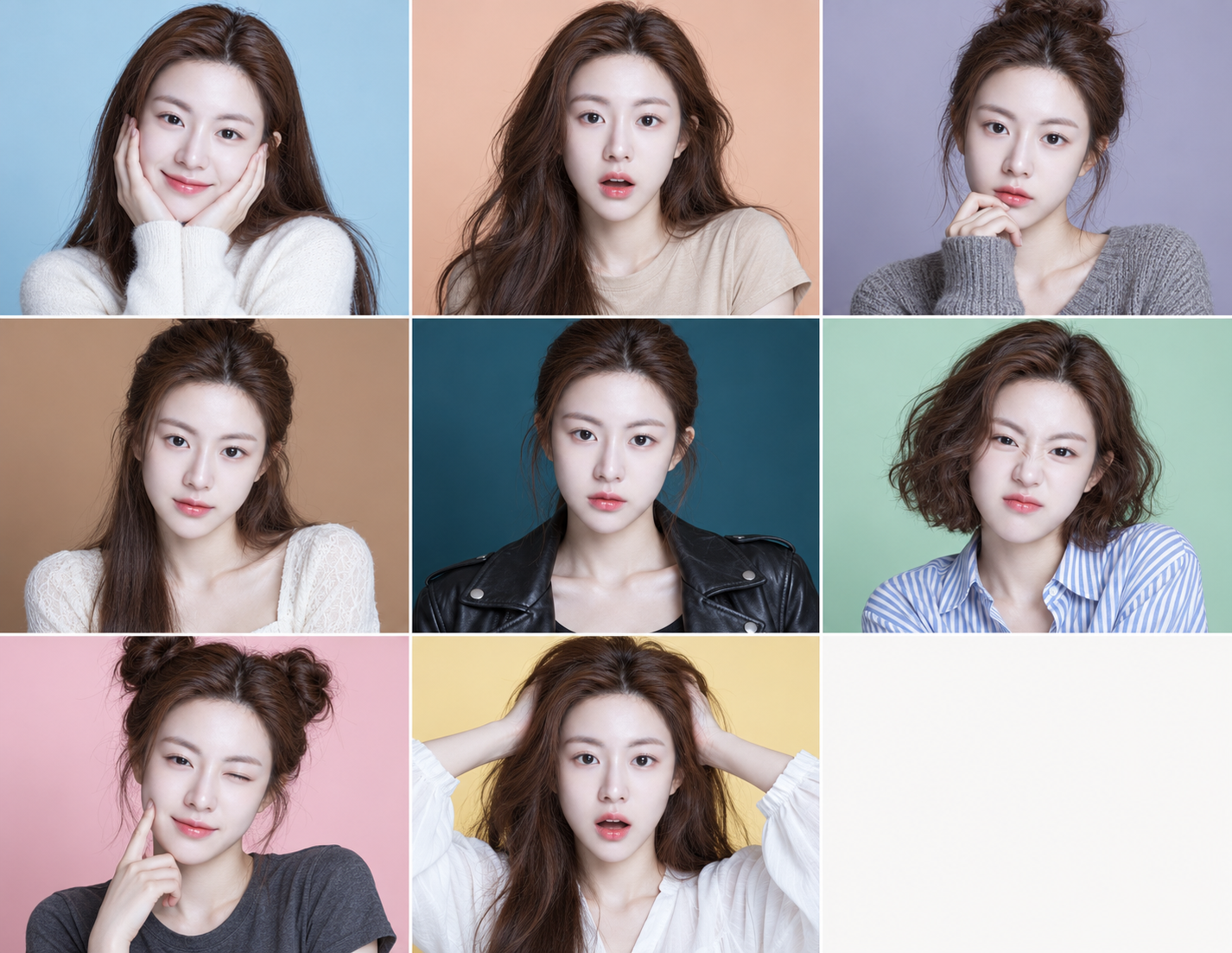 九宫格中的同一成年女性情绪与造型拼贴 — AI image creation
