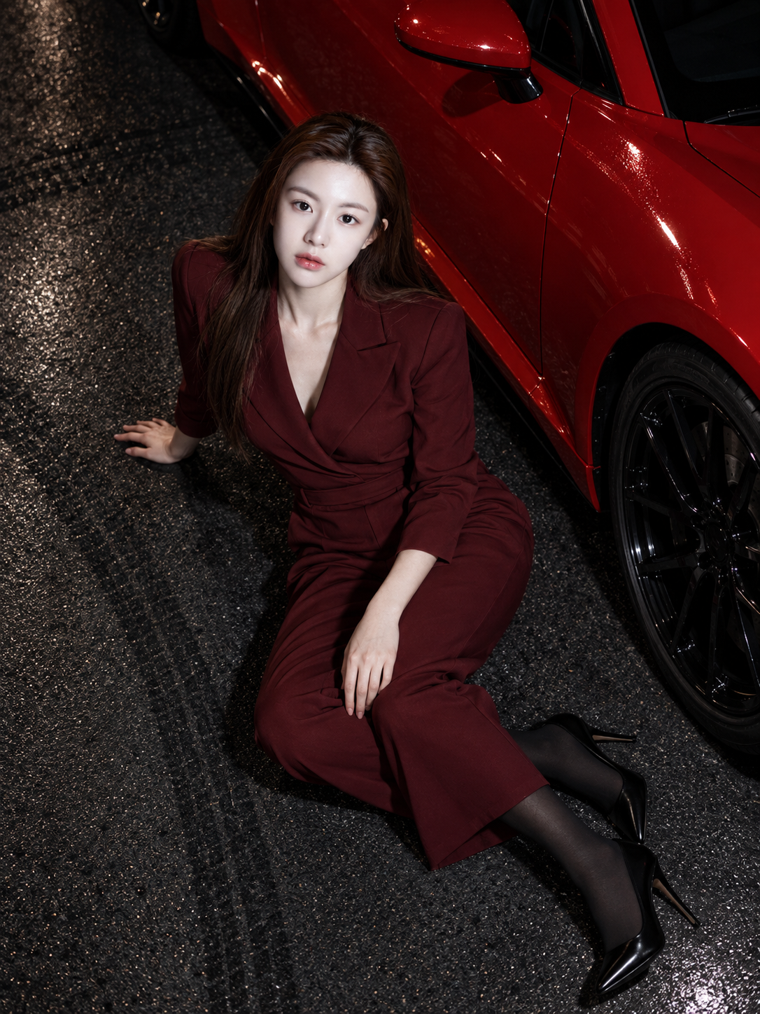 俯拍酒红时尚人像与夜色跑车 — AI image creation