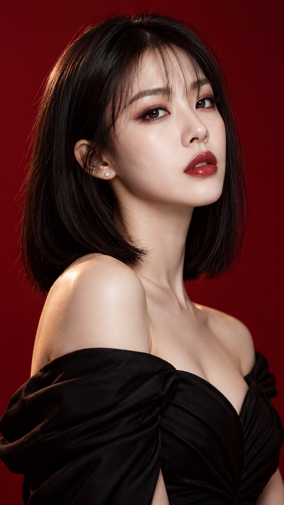 짙은 크림슨 배경의 하이패션 뷰티 포트레이트